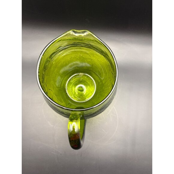 Vtg Blenko Green Crackle Glass Hand Blown Squat Pitcher Applied Handle And Spout - Picture 6 of 9
